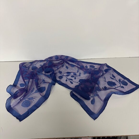 Sheer Blue Floral Scarf Chiffon Embroidered Rose Design Classic Vintage - Picture 4 of 5